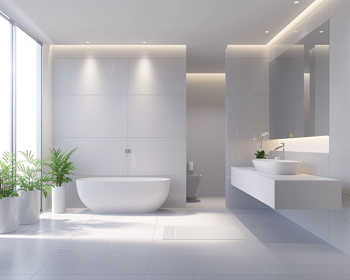 Modernes minimalistisches Badezimmer in hellem Grau