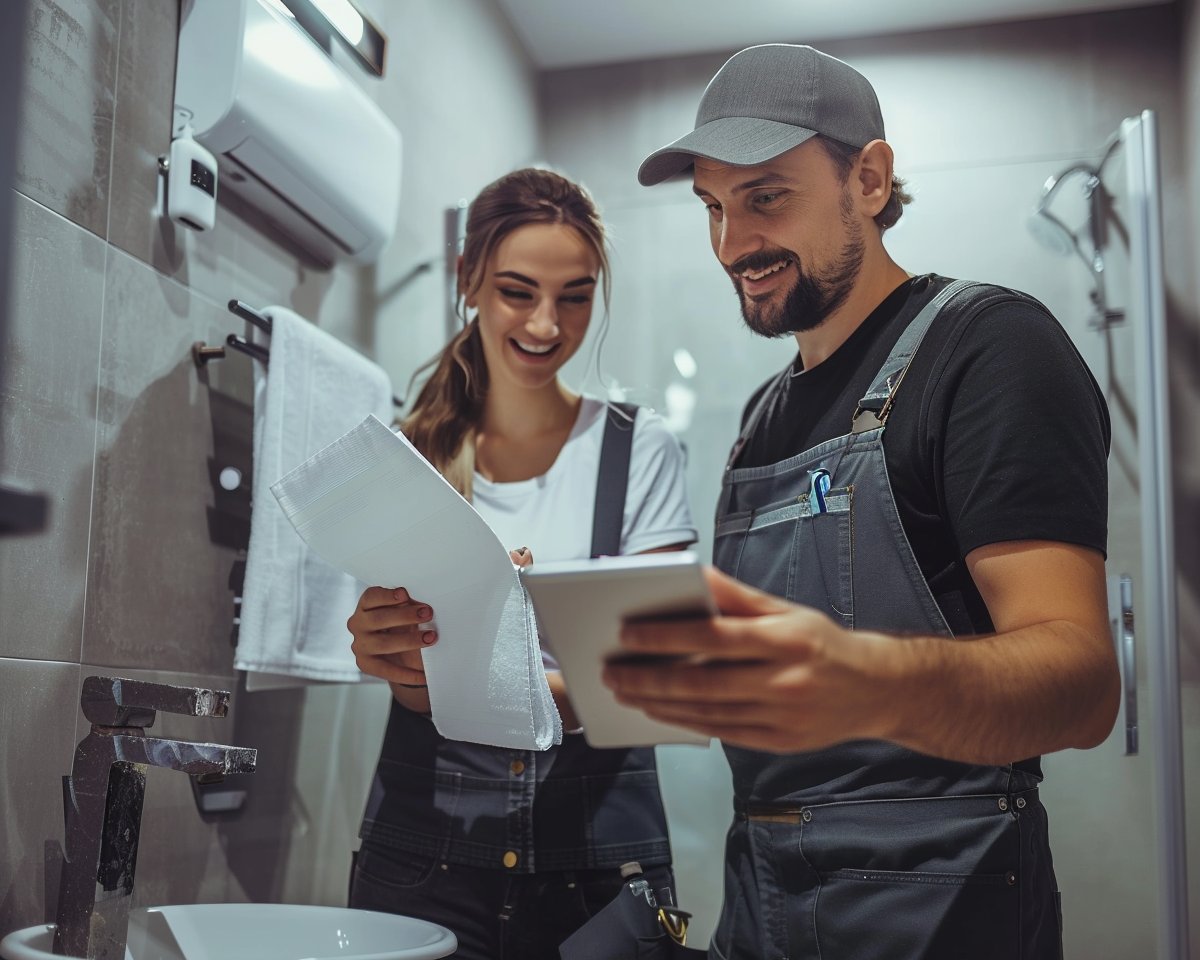 Sanitär-Handwerker bei der persönlichen Beratung im Bad